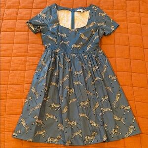 Harkle Blue A-Line Dress with Short Sleeves and Sweetheart Neckline